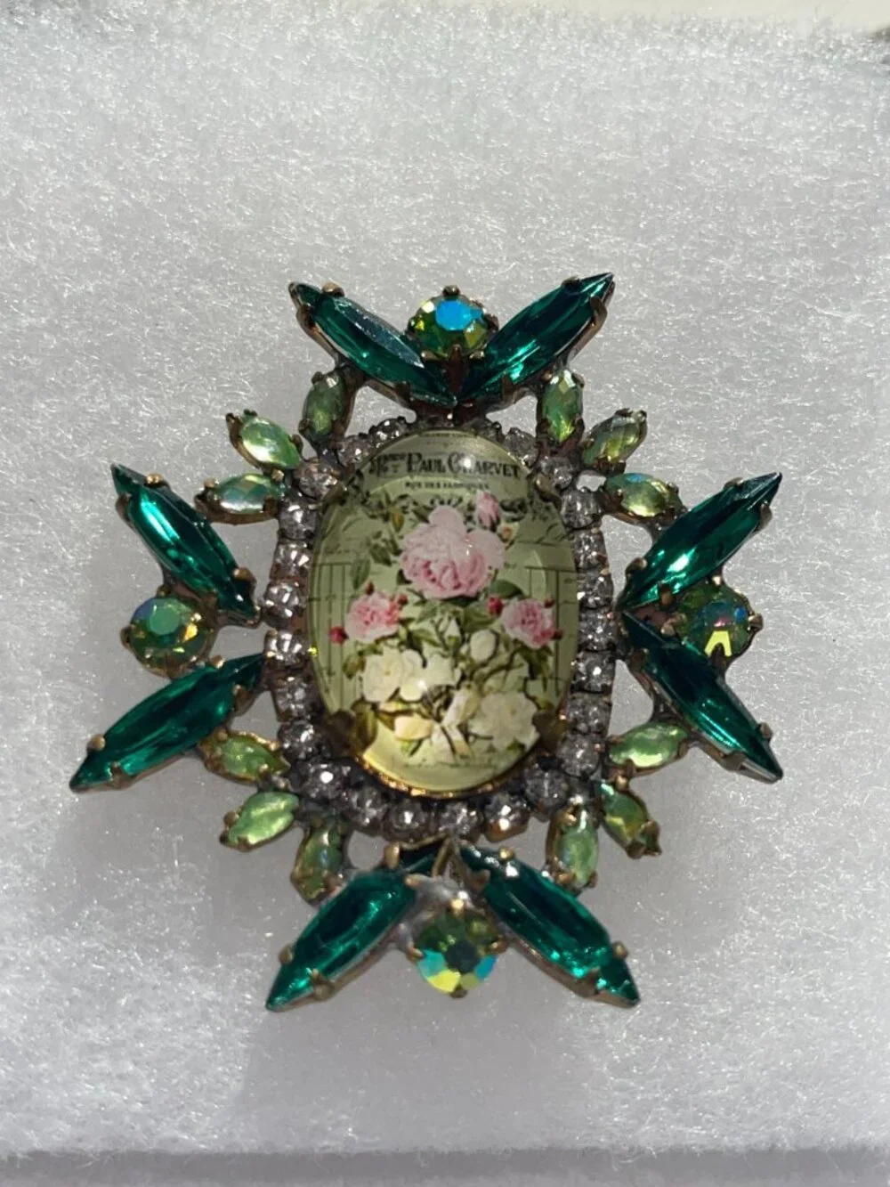 Vintage Czech Paul Charvet Floral Glass Brooch With Emerald Green Rhinestones Pi